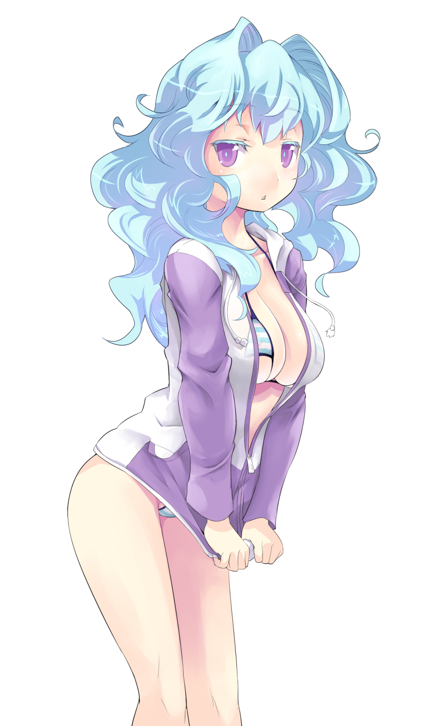 1girl absurdres bikini blue_hair breasts cleavage colored_eyelashes curly_hair dungeons_&amp;_princess female_focus hair_intakes highres jacket jacket_tug large_breasts long_hair looking_at_viewer open_clothes purple_eyes solo striped_bikini striped_clothes swimsuit takashi_moritaka track_jacket unzipped white_background