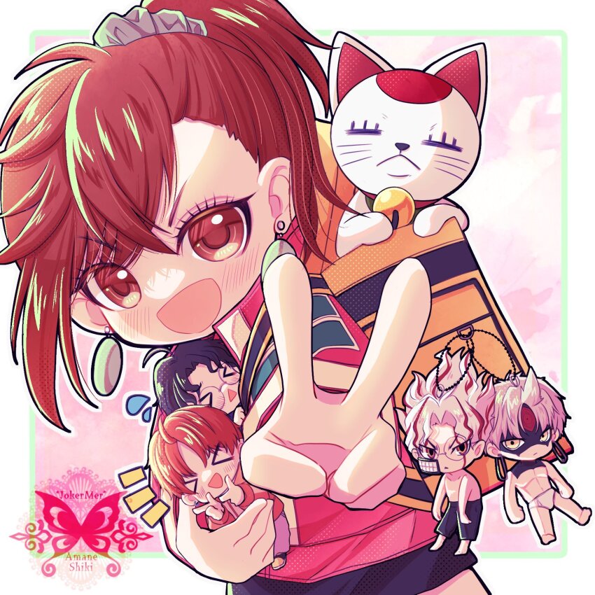 &gt;_&lt; 2girls 4boys ayase_momo backpack bag bell black_hair black_skirt blush brown_eyes brown_hair carrying carrying_person cat closed_eyes commentary_request dandadan dual_persona earrings enjoji_jin evil_eye_(dandadan) facial_mark flying_sweatdrops glasses hair_ornament hair_scrunchie high_ponytail highres jacket jewelry looking_at_viewer male_underwear mini_person miniboy miniskirt multiple_boys multiple_girls neck_bell notice_lines open_mouth outstretched_arm ponytail red_hair red_jacket round_eyewear scrunchie shion-1115 short_hair skirt smile takakura_ken_(dandadan) takakura_ken_(transformed)_(dandadan) third_eye topless_male track_jacket transformation turbo_granny_(dandadan) underwear v white_hair