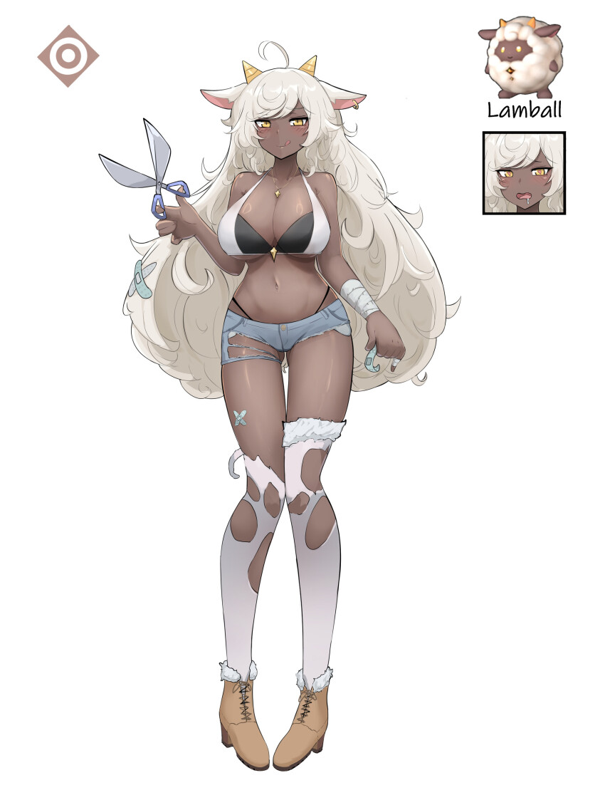 1girl :q absurdres ahoge animal_ear_piercing animal_ears bandaged_arm bandages bandaid blue_shorts blush breasts brown_footwear brunobrun9bruno cleavage closed_mouth creature_and_personification crop_top denim multiple_expressions full_body highres holding holding_scissors horns jeans jewelry lamball long_hair navel necklace over-kneehighs pal_(creature) palworld pants personification pigeon-toed scissors shorts socks standing thighhighs tongue tongue_out torn_clothes torn_pants torn_thighhighs white_background white_hair white_socks yellow_eyes yellow_horns