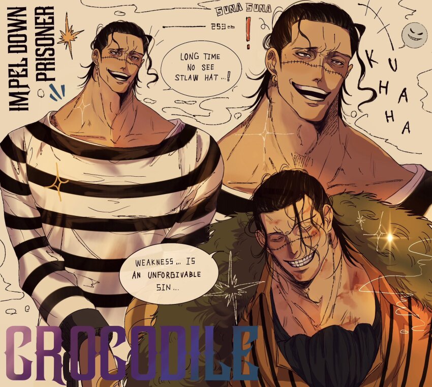 +++ 1boy ascot bara black_ascot blood blood_on_face character_name closed_eyes coat coat_on_shoulders commentary crocodile_(one_piece) earrings fur-trimmed_coat fur_trim green_coat highres jewelry male_focus multiple_views notice_lines one_piece orange_vest prison_clothes rihirihi613 smile speech_bubble stitched_face stitches symbol-only_commentary vest