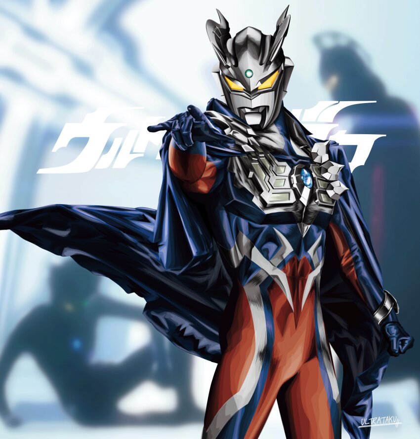 1boy \m/ abs alien arm_up armor artist_name blue_cape blue_skin bracelet breastplate cape character_name clenched_hand color_timer colored_skin commentary cowboy_shot eye_slugger forehead_jewel gem glowing glowing_eyes green_gemstone hashtag-only_commentary highres jewelry looking_at_viewer male_focus multicolored_skin muscular muscular_male outstretched_arm pectorals pointing pointing_at_viewer red_skin signature silver_skin solo tokusatsu ultra_bracelet_(ultraman_zero) ultra_galaxy_(series) ultra_series ultraman_zero ultrataku yellow_eyes