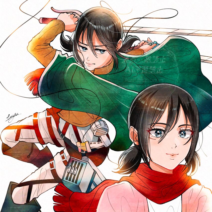 1girl absurdres black_hair blue_eyes boots brown_jacket cardigan cloak dual_wielding facial_scar green_cloak hair_between_eyes highres holding holding_weapon jacket low_twintails mikasa_ackerman multiple_views pants pink_cardigan red_scarf scar scar_on_cheek scar_on_face scarf shingeki_no_kyojin shirt signature solo three-dimensional_maneuver_gear tuyu_ermk twintails weapon white_background white_pants white_shirt