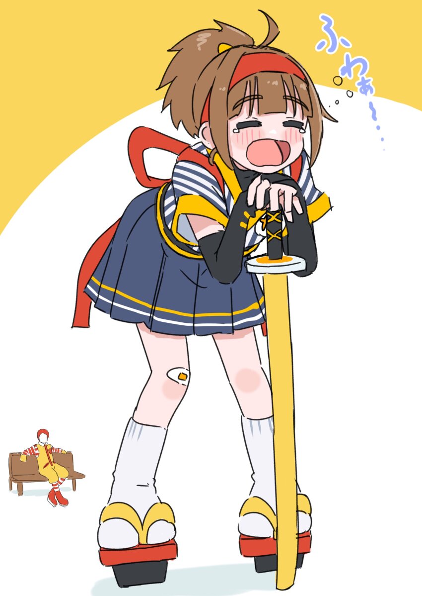 1boy 1girl absurdres back_bow bandaid bandaid_on_knee bandaid_on_leg bench blue_shirt blue_skirt blush_stickers bow brown_hair closed_eyes commentary_request full_body geta hairband hakuino_hakase highres imadake_dabuchi_tabemi japanese_clothes kimono long_hair mcdonald&#039;s open_mouth pleated_skirt ponytail red_hairband ronald_mcdonald samurai_tamago_tabemi shirt simple_background skirt socks striped_clothes striped_kimono sword tabi two-tone_background vertical-striped_clothes vertical-striped_kimono weapon white_background white_shirt white_socks yellow_background