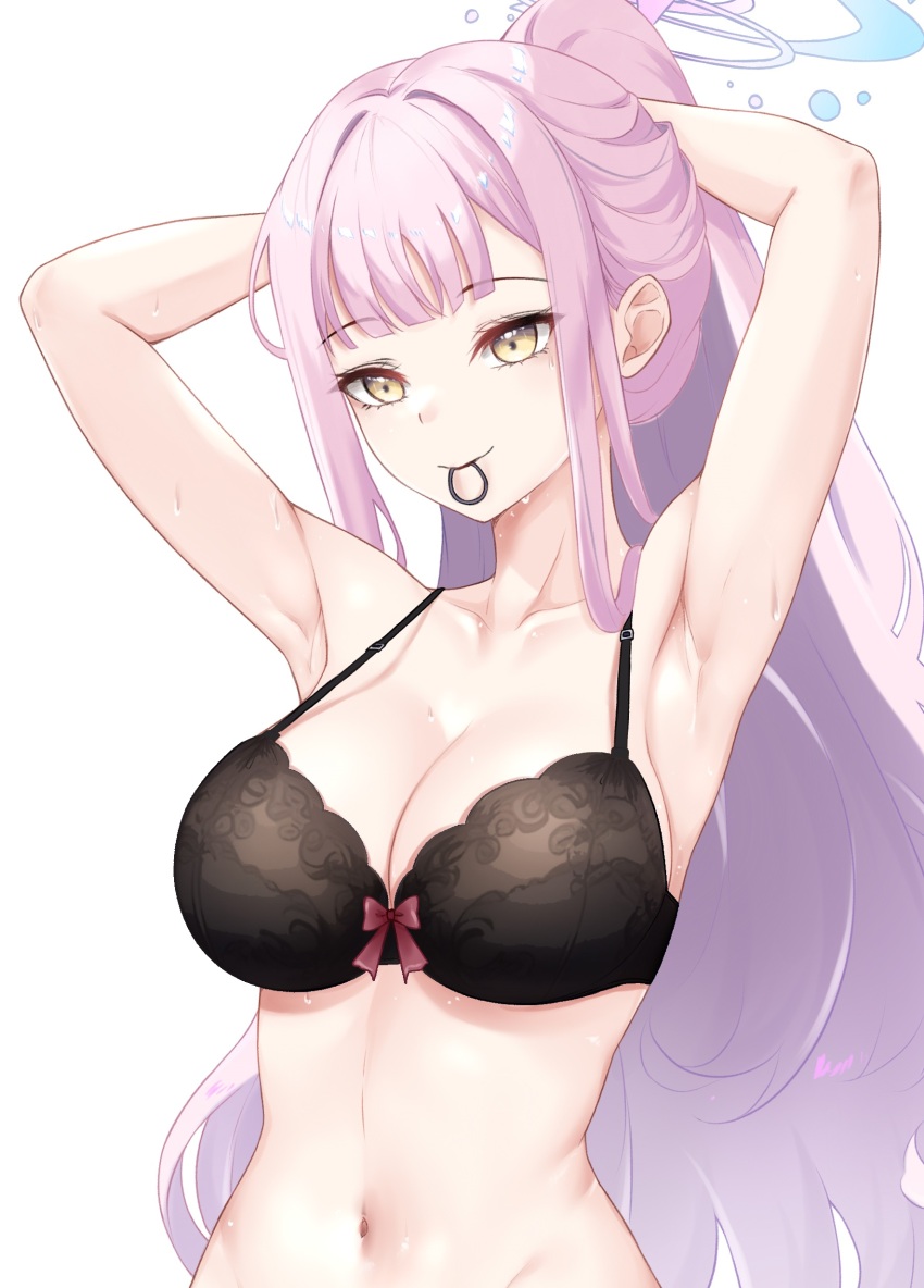 1girl absurdres amai-pai armpits black_bra blue_archive blunt_bangs bra breasts collarbone hair_tie_in_mouth high_ponytail highres large_breasts long_hair mika_(blue_archive) mouth_hold navel pink_hair ponytail sidelocks simple_background solo stomach sweat tying_hair underwear upper_body very_long_hair white_background yellow_eyes