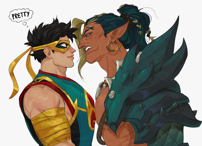 2boys absurdres black_hair blonde_hair blue_eyes braid commentary dark-skinned_male dark_skin earrings english_commentary english_text gold_earrings green_hair highres hoop_earrings iron_fist_(marvel) jewelry lin_lie_(marvel) male_focus marvel marvel_rivals multicolored_hair multiple_boys muscular muscular_male namor necklace open_mouth oyabuchu pointy_ears ponytail short_hair smile speech_bubble thought_bubble tooth_necklace upper_body white_background yaoi yellow_mask
