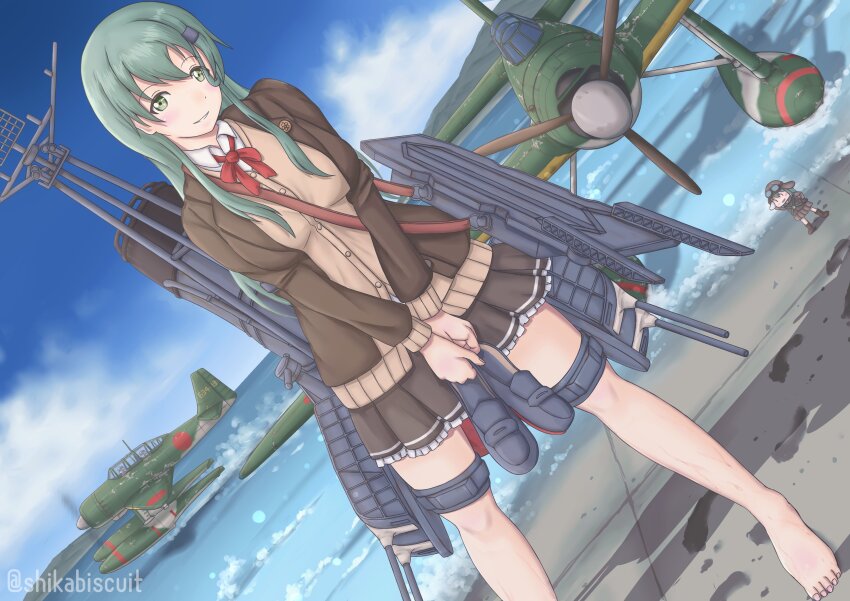 1girl absurdres adapted_turret aichi_e13a aircraft aircraft_catapult airplane aqua_eyes aqua_hair artillery ascot bare_legs blush breasts brown_jacket brown_skirt cannon day fairy_(kancolle) flight_deck hair_between_eyes hair_ornament hairclip highres jacket kantai_collection large_breasts long_hair long_sleeves looking_at_viewer machinery mast outdoors pleated_skirt rigging school_uniform shikabiscuit ship_turret skirt smile suzuya_(kancolle) suzuya_kai_ni_(kancolle) twitter_username
