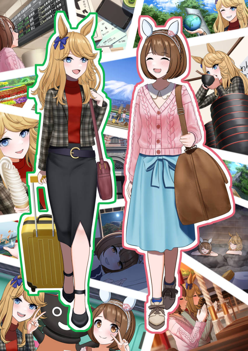 2girls :d animal_ears bag belt black_footwear black_skirt blonde_hair blue_bow blue_eyes blue_skirt bow bowl braid brown_eyes brown_hair casual cellphone chopsticks commentary crown_braid ear_bow ear_covers food gold_city_(umamusume) handbag high_heels highres holding holding_bowl holding_chopsticks horse_ears horse_girl ice_cream itsuki_toiro iwate_prefecture jacket long_hair multiple_girls onsen open_mouth phone pink_sweater plaid_clothes plaid_jacket red_shirt shirt short_hair shrine skirt smartphone smile suitcase sweater ticket train_station turtleneck umamusume v vacation wanko_soba yukino_bijin_(umamusume)