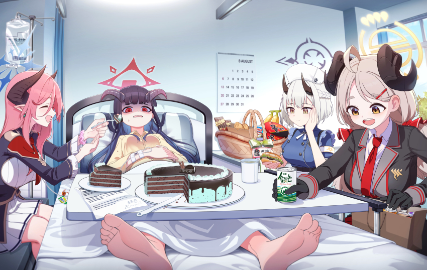 4girls :d ahoge alternate_costume bag banana barefoot bed bed_sheet black_gloves black_hair blanket blazer blue_archive blue_sky blunt_bangs blurry braid brown_eyes burger calendar_(object) cameo can candy chocolate chocolate_bar collared_shirt commentary_request cup_ramen demon_girl demon_horns depth_of_field feeding food fork fruit fuuka_(blue_archive) gloom_(expression) gloves grey_hair hair_between_eyes hair_ornament hairclip halo haruna_(blue_archive) hat highres holding holding_can holding_food holding_fork horns hospital hospital_bed hospital_gown indoors intravenous_drip izumi_(blue_archive) jacket juri_(blue_archive) long_hair low_twintails lying mnnnya multiple_girls necktie note nurse nurse_cap on_back open_mouth paper_bag picnic_basket pill pink_hair pointy_ears red_eyes red_necktie school_uniform sena_(blue_archive) shirt short_hair sick sidelocks single_braid sky smile soles sweatdrop table taiyaki tiramisu toes translation_request twintails wagashi window
