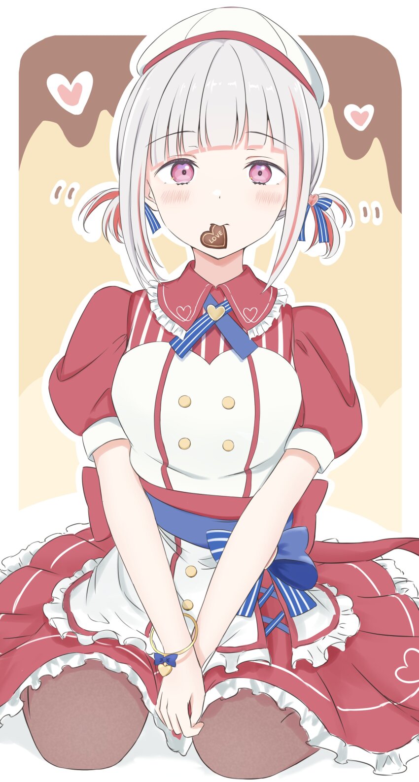 1girl 3: absurdres apron beret blush border breasts brown_pantyhose buttons candy chocolate chocolate_heart closed_mouth collared_dress commentary diagonal_bangs double-breasted dress food food_in_mouth frilled_apron frilled_shirt_collar frills frown full_body gigo grey_hair hat heart heart-shaped_food highres iroha_(nami3) link!_like!_love_live! looking_at_viewer love_live! low_twintails maid_apron medium_breasts medium_dress motion_lines mouth_hold multicolored_hair official_alternate_costume outside_border pantyhose pink_eyes puffy_short_sleeves puffy_sleeves red_dress red_hair short_hair short_sleeves short_twintails sidelocks sitting solo streaked_hair twintails v_arms virtual_youtuber white_apron white_border white_hat yellow_background yugiri_tsuzuri