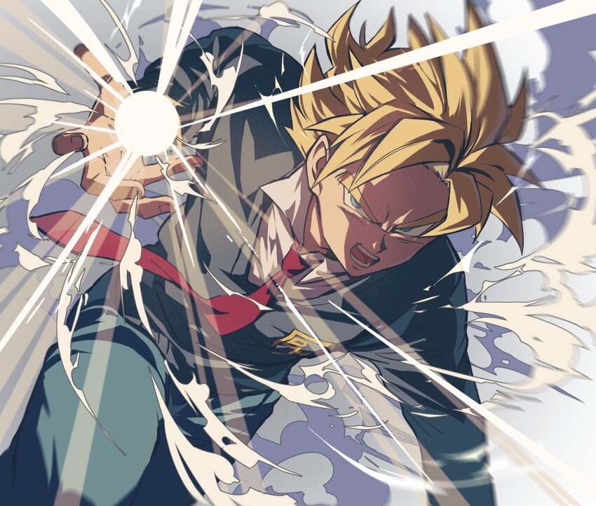 1boy black_sweater blonde_hair commentary_request dragon_ball dragon_ball_super dragon_ball_super_super_hero energy_ball green_eyes highres male_focus motion_blur necktie open_mouth red_necktie roku_(roku_0141) school_uniform serious smoke solo son_goten spiked_hair super_saiyan super_saiyan_1 sweater v-shaped_eyebrows