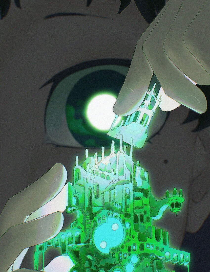 1boy black_hair blurry bright_pupils close-up depth_of_field eye_focus film_grain glowing glowing_pupils green_eyes hands_up highres holding looking_at_object male_focus mico_(mico808) miniature mole mole_under_eye persona persona_3 pharos solo stacking tartarus tower white_pupils