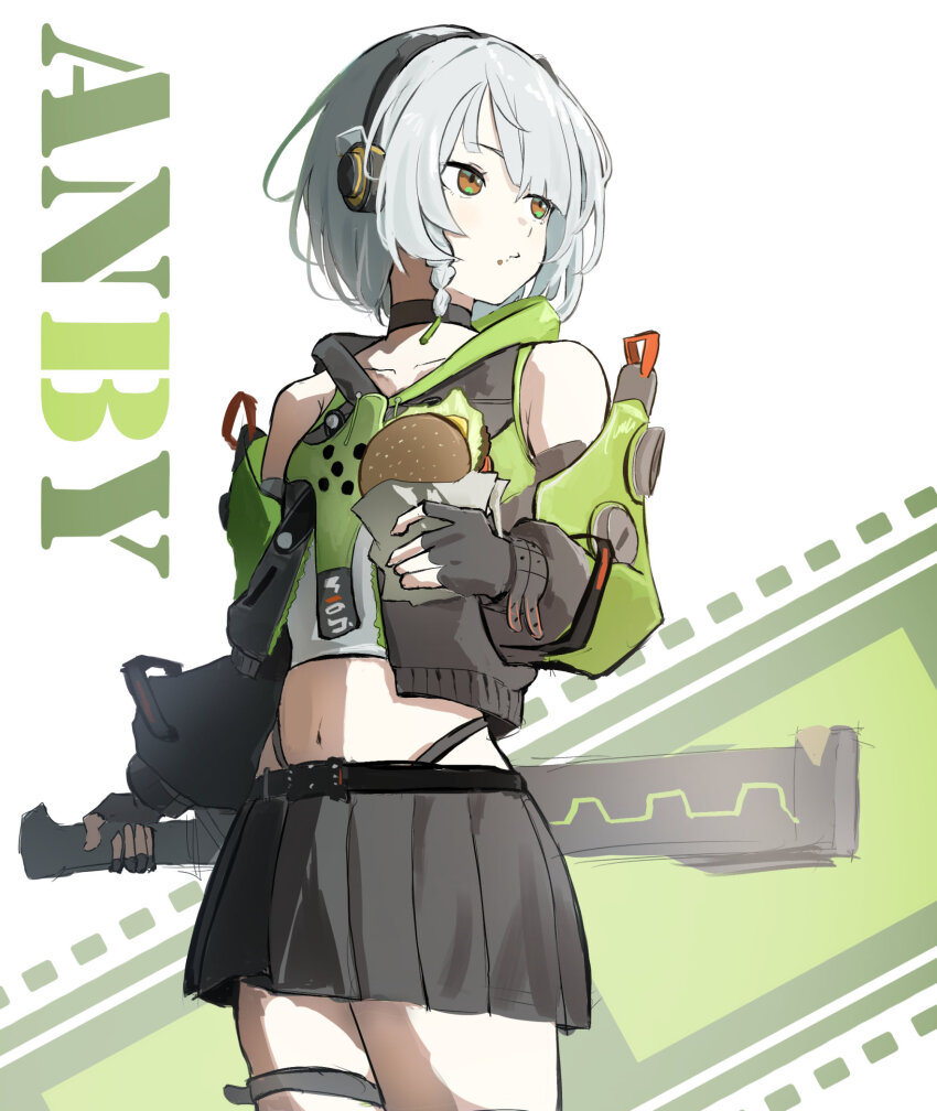 1girl anby_demara aoiromya bare_shoulders black_choker black_skirt braid burger character_name choker cowboy_shot crop_top food grey_hair headphones highres holding holding_burger holding_food long_sleeves midriff miniskirt navel pleated_skirt short_hair skirt solo standing stomach white_background zenless_zone_zero