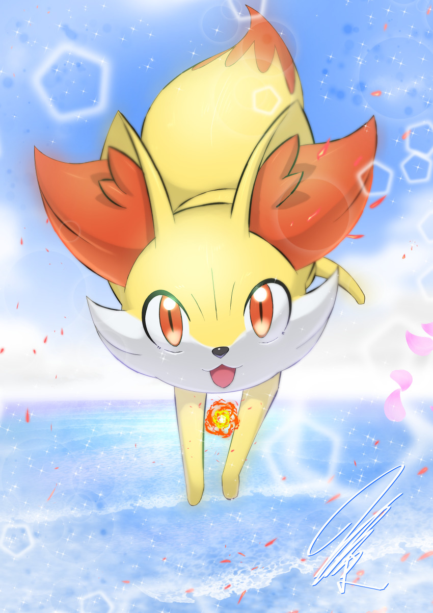 absurdres animal_ear_fluff animal_hands blue_sky blurry bokeh depth_of_field ear_tufts falling_petals fennekin fire fireball floating fluff fluffy fog game_freak gen_6_pokemon happy hexagon highres looking_at_viewer mitsukuma448 nintendo no_humans nose ocean open_mouth orange_eyes outdoors petals pink_petals pokemon pokemon_(creature) signature sky slit_pupils solo water white_fur yellow_fur