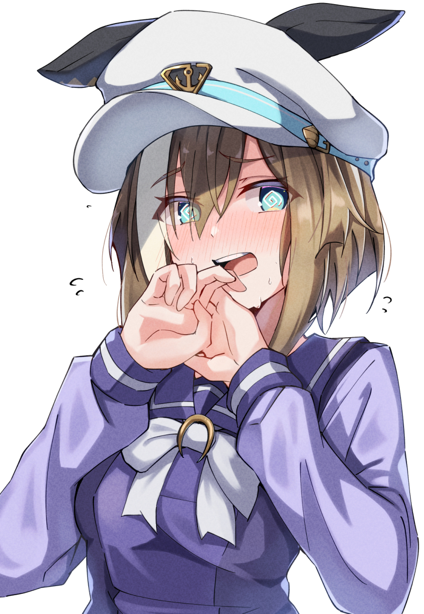 1girl @_@ animal_ears blue_eyes blush brown_hair cheval_grand_(umamusume) commentary_request ear_covers ears_through_headwear embarrassed hat highres horse_ears long_hair multicolored_hair nose_blush pandoa_(mikage0495) school_uniform short_hair simple_background solo streaked_hair teeth tracen_school_uniform umamusume upper_body upper_teeth_only white_background white_hair white_hat