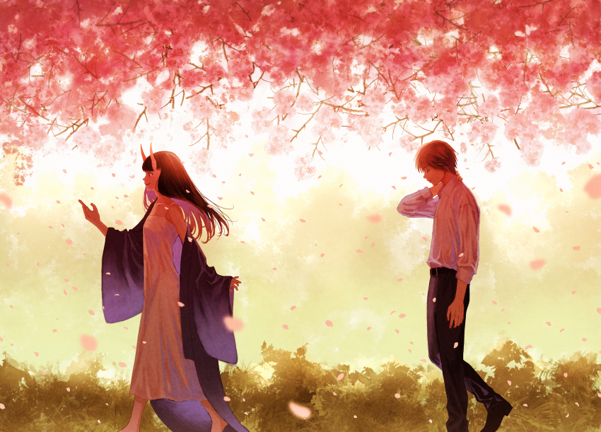 1boy 1girl absurdres black_hair brown_hair cherry_blossoms collared_shirt commentary_request dress edaori highres horns japanese_clothes kimono long_hair oni open_clothes open_kimono original petals shirt skin-covered_horns spring_(season) walking