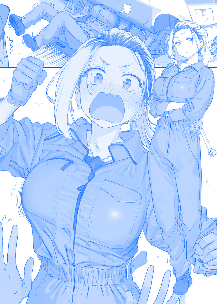 1boy 1girl blue_theme breasts car fang flying_sweatdrops forehead frown getsuyoubi_no_tawawa gloves hat highres himura_kiseki inconvenient_breasts jewelry large_breasts mechanic mechanic-san_(tawawa) medium_hair motor_vehicle necklace open_mouth ponytail shoes sigh socket_wrench solo wavy_mouth