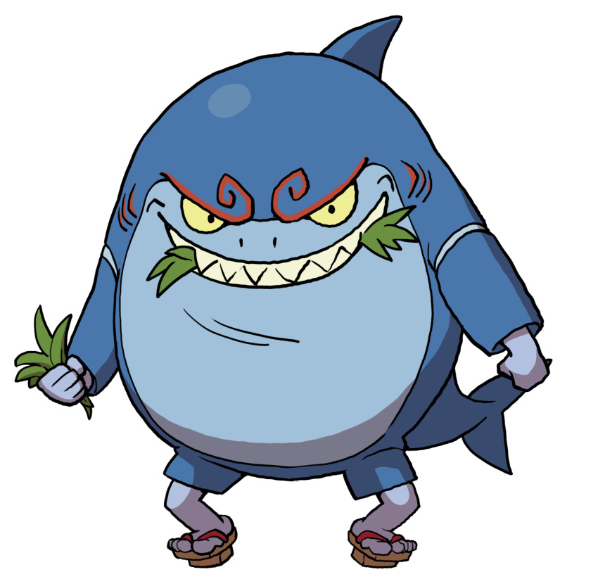full_body furry furry_male geta grass highres holding michikusame official_art shark_boy sharp_teeth simple_background solo standing teeth tengu-geta third-party_source white_background youkai_(youkai_watch) youkai_watch