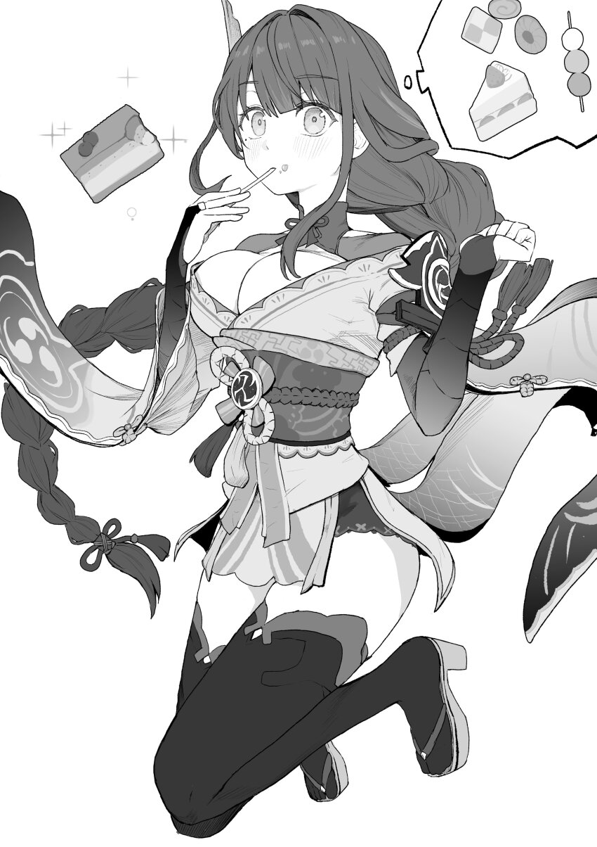 1girl absurdres armor braid braided_ponytail breasts bridal_gauntlets commentary_request full_body genshin_impact greyscale hair_ornament highres japanese_clothes kimono large_breasts long_hair mitsudomoe_(shape) mole mole_under_eye monochrome obi obiage obijime pauldrons platform_sandals raiden_shogun sandals sash sei_(karupiza1490208) shoulder_armor shrug_(clothing) single_braid single_pauldron solo speech_bubble thighhighs thought_bubble tomoe_(symbol) very_long_hair
