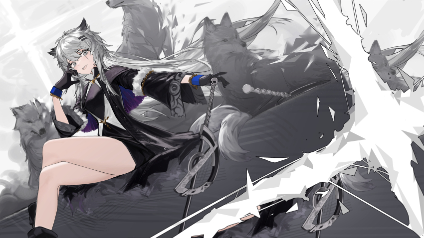 1girl absurdres animal animal_ears arknights black_coat black_dress black_gloves buttons chinese_commentary coat commentary crossed_legs dress fang_bai_doufu_wu gloves grey_eyes grey_hair hair_between_eyes hand_on_own_face highres lappland_(arknights) lappland_(refined_horrormare)_(arknights) long_hair long_sleeves looking_at_viewer official_alternate_costume open_clothes open_coat open_mouth scar scar_across_eye scar_on_face short_dress sitting smile solo sword torn_clothes torn_coat unbuttoned weapon wolf wolf_ears wolf_girl