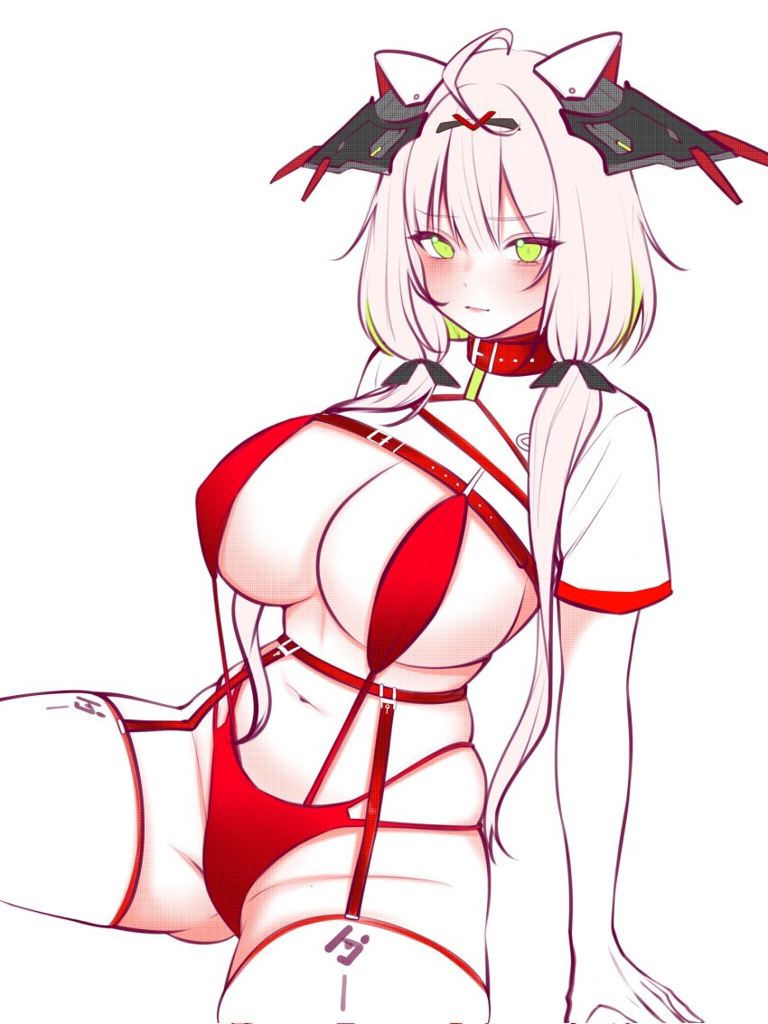 1girl aegyo_sal ahoge bikini blush breasts closed_mouth colored_inner_hair cowboy_shot crop_top crosscore garter_straps green_eyes green_hair grey_hair highres jiang_ethan large_breasts long_hair looking_at_viewer multicolored_hair naglering_(crosscore) navel red_bikini shirt short_sleeves simple_background sitting solo swimsuit thighhighs very_long_hair white_background white_shirt white_thighhighs