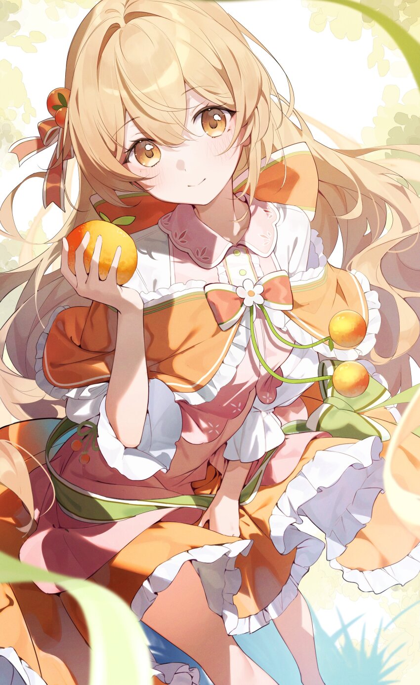 1girl absurdres blonde_hair blush bow collarbone commentary dress food food-themed_hair_ornament frills fruit fruit_hair_ornament hair_between_eyes hair_ornament hair_ribbon highres holding holding_food long_hair looking_at_viewer lumo_1121 orange_(fruit) orange_bow orange_eyes orange_skirt original outdoors ribbon skirt smile solo