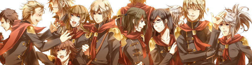 6+boys 6+girls absurdres ace_(fft-0) akademeia_uniform black_hair blonde_hair blue_eyes blush bow braid brown_eyes brown_hair cape card cater_(fft-0) cinque_(fft-0) deuce_(fft-0) drill_hair eight_(fft-0) everyone final_fantasy final_fantasy_type-0 fingerless_gloves flute glasses gloves green_eyes gun hair_over_one_eye handgun highres holding holding_gun holding_polearm holding_spear holding_sword holding_weapon instrument jack_(fft-0) jacket katana king_(fft-0) kunagiri_machina kutsushita_(jur) long_hair looking_at_viewer multiple_boys multiple_girls nine_(fft-0) open_mouth pistol plaid_clothes plaid_skirt pleated_skirt polearm ponytail purple_eyes purple_hair queen_(fft-0) red_cape red_eyes red_hair scar scarf school_uniform scythe seven_(fft-0) short_hair sice_(fft-0) skirt smile spear sword thighhighs tokimiya_rem trey_(fft-0) weapon whip white_hair zettai_ryouiki