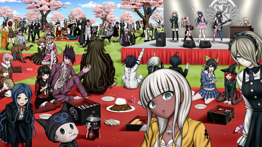 6+boys 6+girls absurdres akamatsu_kaede alter_ego_(danganronpa) amami_rantaro ando_ruruka asahina_aoi ayakashi_yomogi barefoot black_eyes black_hair black_panties blonde_hair blue_eyes blue_hair brown_hair celestia_ludenberg chabashira_tenko chopsticks coat danganronpa:_trigger_happy_havoc danganronpa_(series) danganronpa_2:_goodbye_despair danganronpa_3_(anime) danganronpa_another_episode:_ultra_despair_girls danganronpa_v3:_killing_harmony donut electric_guitar enoshima_junko everyone falling festival food formal_clothes fortissimo fujisaki_chihiro fukawa_toko gokuhara_gonta grass guitar hagakure_yasuhiro hair_ornament hanami hanamura_teruteru hat highres hinata_hajime hoshi_ryoma ikusaba_mukuro instrument iruma_miu ishimaru_kiyotaka izayoi_sounosuke k1-b0 kimura_seiko kirigiri_kyoko koizumi_mahiru komaeda_nagito kuwata_leon kuzuryu_fuyuhiko logo looking_at_viewer lying madarai_isshiki maizono_sayaka mioda_ibuki mitarai_ryota momota_kaito monokuma multiple_boys multiple_girls munakata_kyousuke musical_note musical_note_hair_ornament naegi_komaru naegi_makoto nanami_chiaki nidai_nekomaru official_style ogami_sakura oma_kokichi on_back onigiri outdoors owada_mondo owari_akane panties pekoyama_peko piano picnic pink_hair purple_eyes purple_hair purple_suit red_eyes red_hair rice saihara_shuichi sakakura_juuzou shinguji_korekiyo shirogane_tsumugi shirt socks soda_bottle soda_kazuichi sonia_nevermind speaker stage suit togami_byakuya tojo_kirumi triangle_(instrument) tsumiki_mikan twintails ultimate_imposter umesawa_aiko underwear upskirt white_legwear white_shirt wizard_hat yamada_hifumi yellow_coat yonaga_angie yukizome_chisa yumeno_himiko