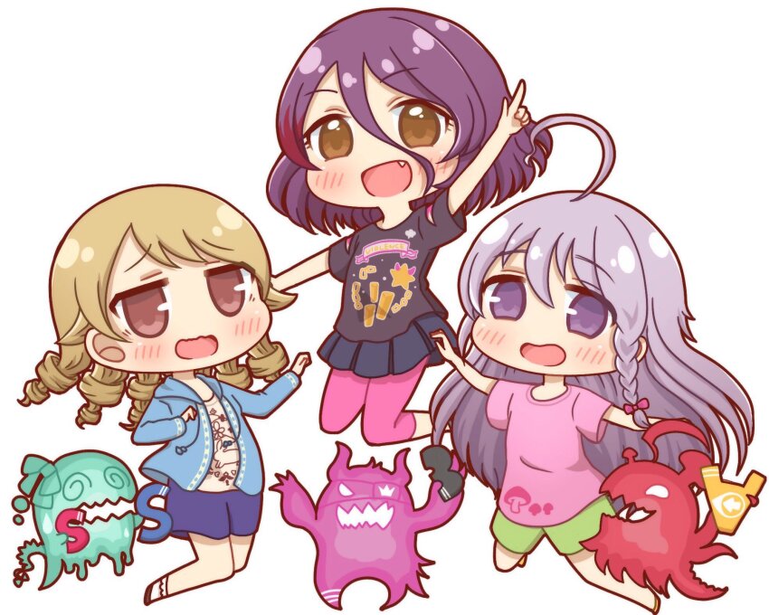 3girls ahoge black_shirt blue_coat braid brown_eyes brown_hair chibi chibi_only coat drill_hair fang food_print frilled_socks frills green_shorts grey_eyes grey_hair hayasaka_mirei highres hoshi_syoko huge_ahoge idolmaster idolmaster_cinderella_girls individuals_(idolmaster) leggings leggings_under_skirt morikubo_nono multiple_girls mushroom mushroom_print open_mouth patterned_clothing pink_leggings pink_shirt pokkepocket purple_hair red_streaks ringlets shirt shorts side_braid single_braid skirt smile socks wavy_mouth white_background