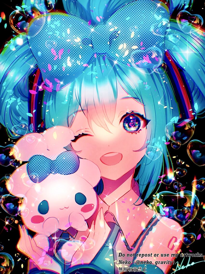 1girl aqua_eyes aqua_hair aqua_necktie bare_shoulders black_sleeves blue_bow blue_eyes blush bow cinnamiku collared_shirt detached_sleeves fuwa_fuwa_cinnamoroll grey_shirt hair_between_eyes hair_bow hatsune_miku highres looking_at_viewer necktie nyamunekonabe sanrio shirt sleeveless sleeveless_shirt smile tied_ears updo upper_body vocaloid