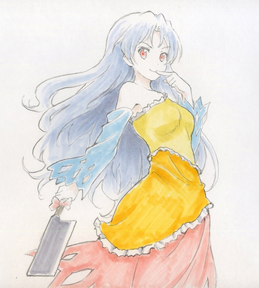 1girl bare_shoulders beluo77 cleaver commentary_request cowboy_shot detached_sleeves diamond_cutout dress grey_hair grey_sleeves highres long_hair multicolored_dress nata_(tool) orange_dress red_dress red_eyes sakata_nemuno simple_background single-shoulder_dress single_strap solo touhou traditional_media very_long_hair white_background yellow_dress