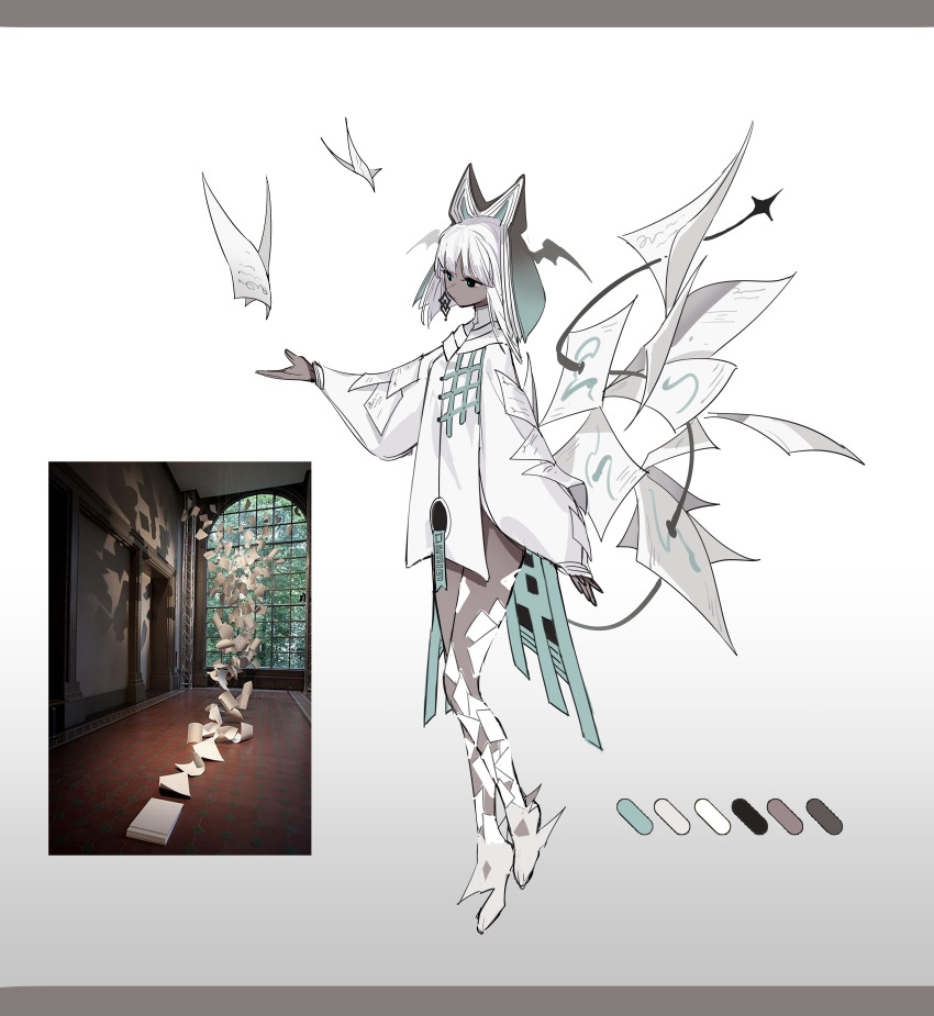 1girl absurdres animal_ears animal_feet bare_legs black_eyes black_tail black_wings chinese_commentary closed_mouth collar color_guide commentary_request dark-skinned_female dark_skin demon_tail demon_wings earrings expressionless full_body gradient_background head_wings high_collar highres jewelry letterboxed long_sleeves medium_hair original outstretched_arm paper personification puffy_long_sleeves puffy_sleeves reference_inset simple_background sleeves_past_wrists solo sweater tabard tail white_background white_collar white_hair white_sleeves white_sweater white_tabard wings wo_jiji