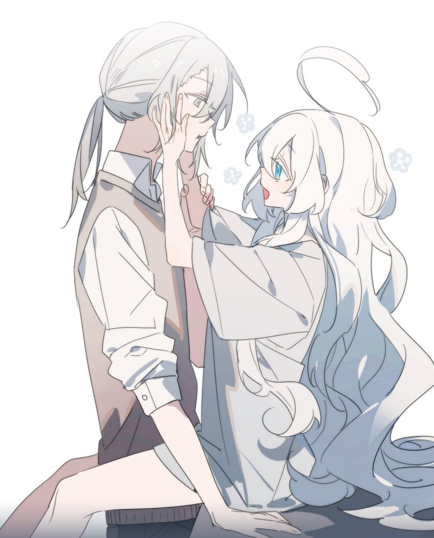 1boy 1girl asphyxia17 blue_eyes hand_on_another&#039;s_cheek hand_on_another&#039;s_face highres long_hair looking_at_another open_mouth original simple_background sitting sitting_on_person very_long_hair white_background white_eyes white_hair
