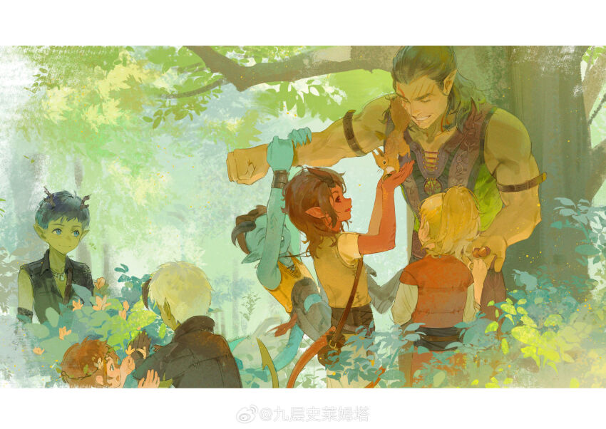 1other 2girls 4boys absurdres affectionate aged_down baldur&#039;s_gate baldur&#039;s_gate_3 bare_shoulders belt border brown_hair bush closed_eyes colored_skin dark-skinned_male dark_skin elf from_side green_skin halsin happy highres lee999nine male_focus mature_male medium_hair monster_boy monster_girl multiple_boys multiple_girls nature pectorals playing pointy_ears red_skin sidepec sleeveless thick_eyebrows tree white_border