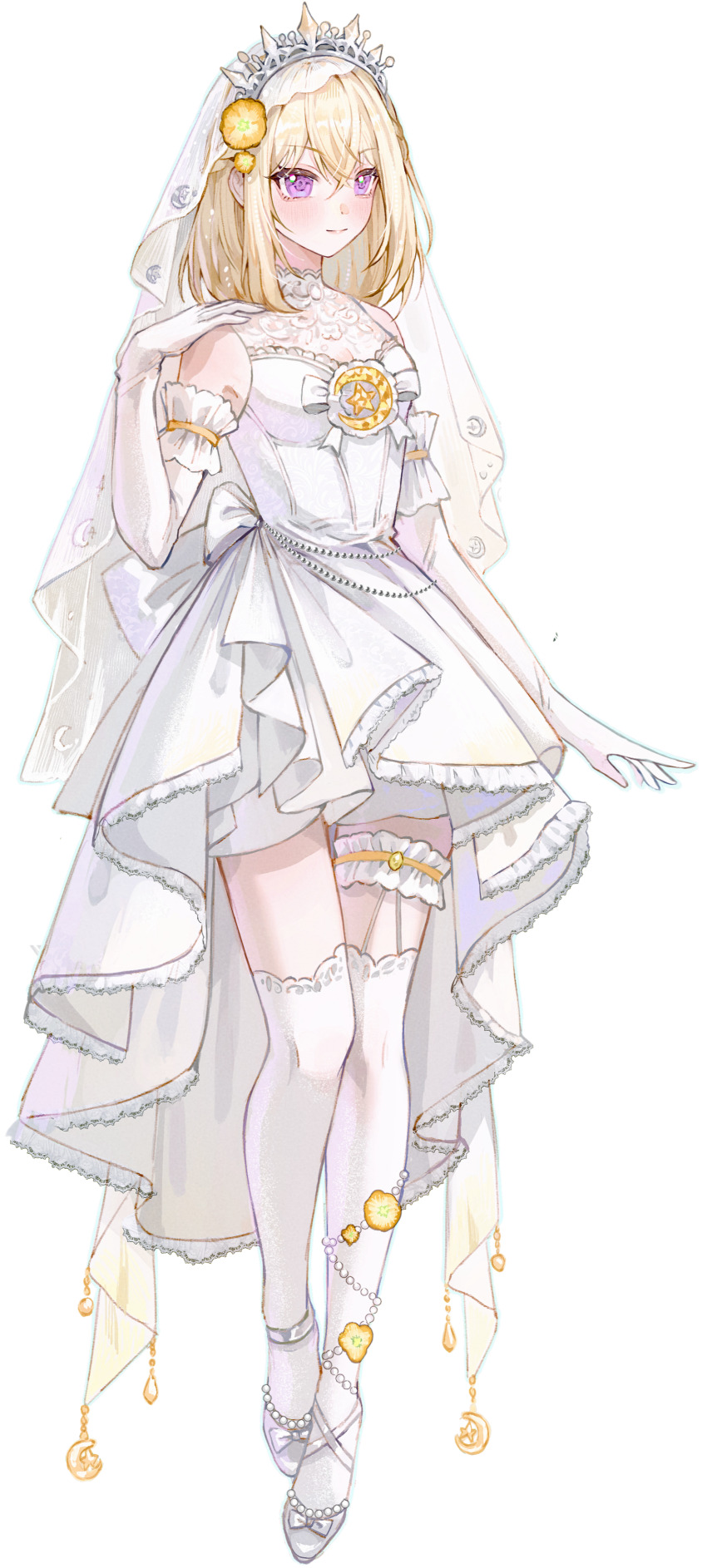 1girl absurdres artist_request bang_dream! bang_dream!_it&#039;s_mygo!!!!! blonde_hair blush bridal_veil chinese_commentary closed_mouth commentary_request commission dress elbow_gloves garter_straps gloves hair_between_eyes hand_up highres medium_hair misumi_uika purple_eyes second-party_source shoes simple_background sleeveless sleeveless_dress solo thigh_strap thighhighs transparent_background veil wedding_dress white_dress white_gloves white_shoes white_thighhighs