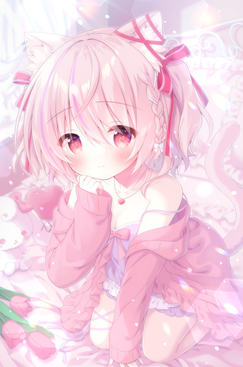 1girl animal_ear_fluff animal_ear_piercing animal_ears blush bow braid cardigan cat_ears cat_girl cat_tail closed_mouth commentary_request coro_chosatai flower frilled_cardigan frilled_nightgown hair_between_eyes hair_bow heart heart_necklace highres indie_virtual_youtuber jewelry kamishiro_piyo looking_at_viewer low_twintails medium_hair multicolored_hair necklace nightgown on_bed open_cardigan open_clothes pink_cardigan pink_eyes pink_flower pink_hair pink_tulip purple_nightgown rabbit-shaped_pupils red_bow seiza sitting smile solo streaked_hair stuffed_animal stuffed_rabbit stuffed_toy symbol-shaped_pupils tail tulip twintails virtual_youtuber white_bow
