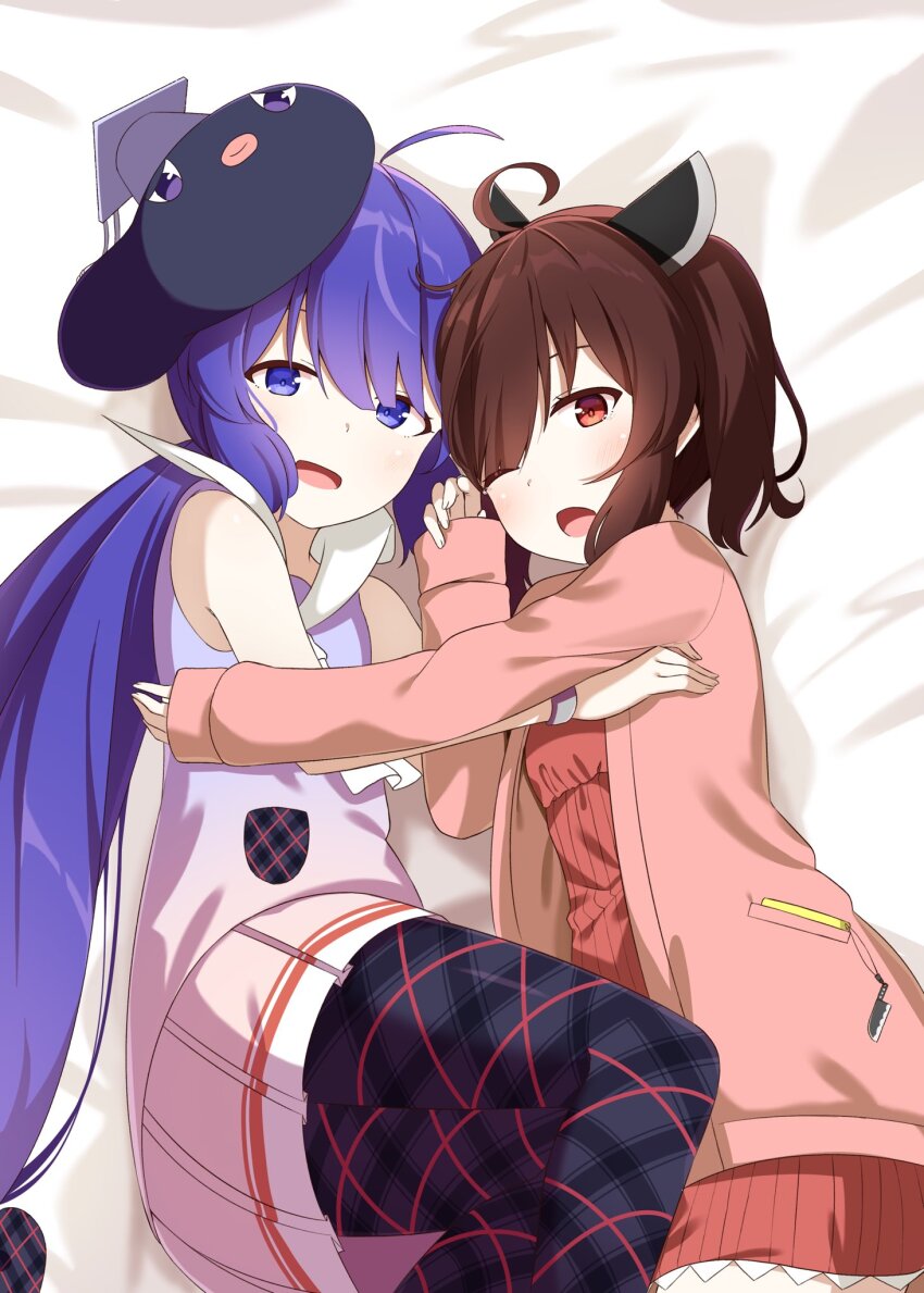 2girls ahoge alternate_costume animal_hat ascot bed_sheet blue_eyes blue_hair blunt_bangs brown_hair cardigan chaakusu charm_(object) commentary cowboy_shot cuddling dress eel_hat feet_out_of_frame gradient_clothes hair_ribbon half-closed_eyes hat headgear highres light_blush long_hair long_sleeves looking_at_viewer low-tied_long_hair low_twintails lying medium_hair mortarboard multicolored_dress multiple_girls on_side one_eye_closed open_cardigan open_clothes open_mouth otomachi_una otomachi_una_(talkex) pantyhose pink_cardigan plaid_clothes plaid_pantyhose plaid_ribbon pleated_dress pocket raglan_sleeves red_dress red_eyes ribbon sailor_collar sailor_dress sleeveless sleeveless_dress sleeves_past_wrists smile talkex touhoku_kiritan twintails very_long_hair voiceroid white_ascot white_sailor_collar yuri