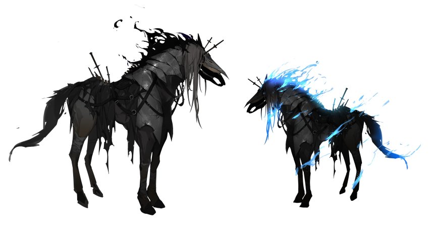 absurdres animal armor bandaged_leg bandages black_fire blue_eyes blue_fire chain fire fire glowing glowing_eye grey_background highres horse no_humans o-ring original planted planted_sword planted_weapon saddle scratches simple_background skeleton skeleton_horse spine standing sword torn torn_clothes viiiper weapon