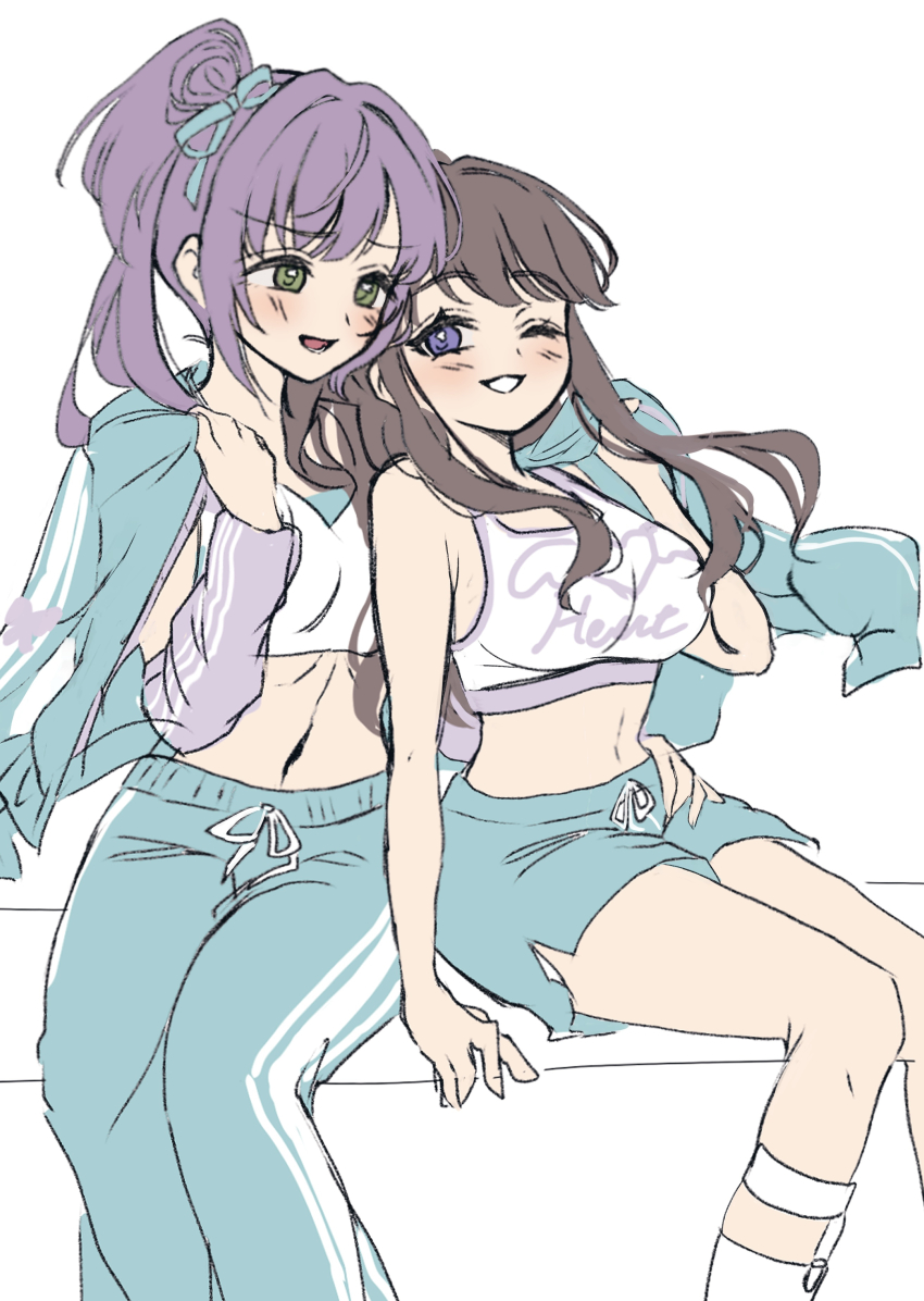 2girls :d ;d absurdres aqua_pants aqua_shorts blue_ribbon blush breasts brown_hair commentary don_quijote_(store) fujishima_megumi grin hair_bun hair_intakes hair_ribbon hand_on_another&#039;s_hip highres hiyori_(20hiyori727) holding holding_jacket holding_unworn_clothes jacket jacket_on_shoulders jacket_over_shoulder large_breasts link!_like!_love_live! long_hair long_sleeves love_live! multiple_girls navel official_alternate_costume one_eye_closed open_mouth otomune_kozue pants ribbon shorts side_ponytail sidelocks simple_background single_side_bun sitting smile sports_bra stomach track_jacket track_pants unworn_jacket virtual_youtuber white_background white_sports_bra yuri