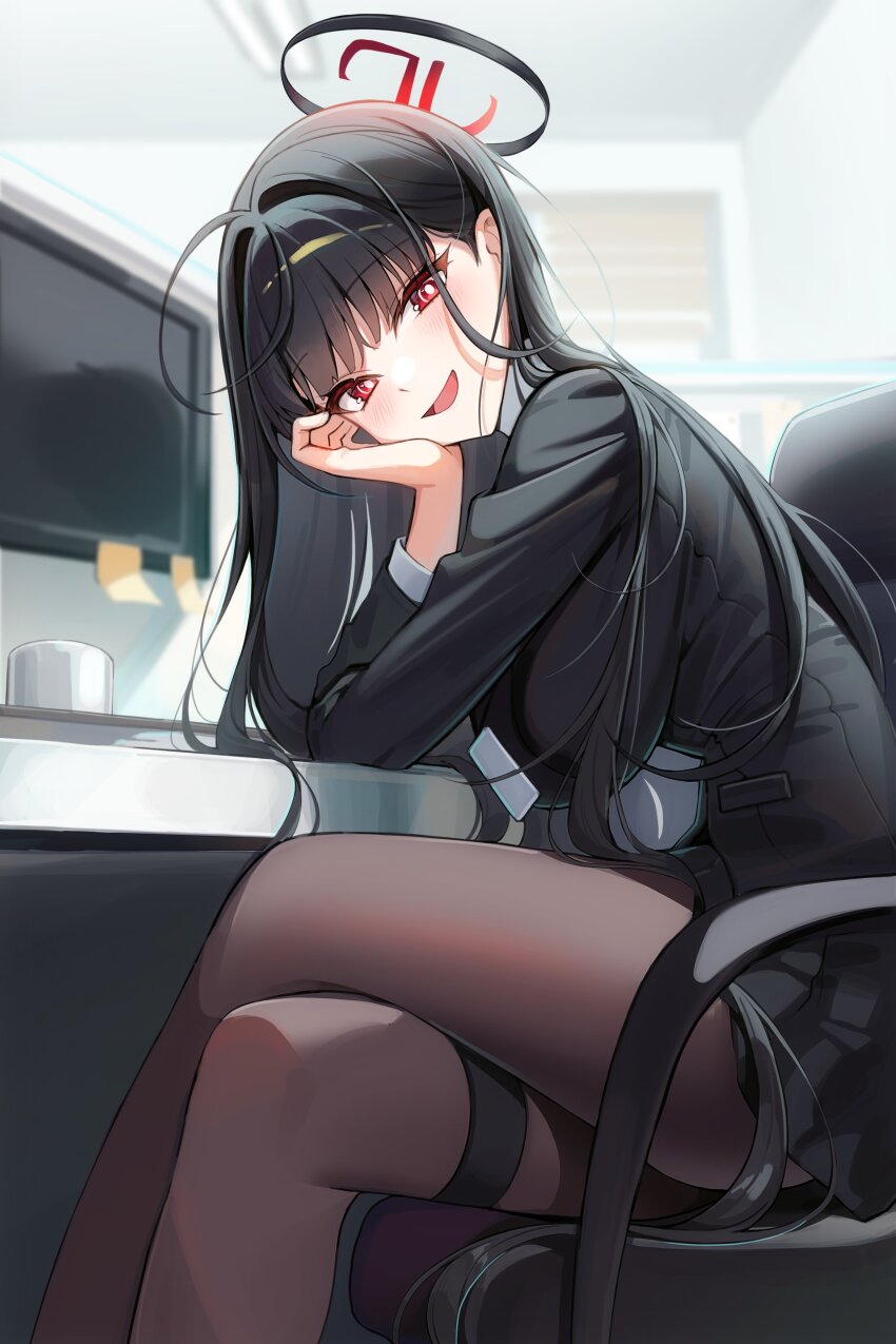 1girl absurdres black_hair black_halo black_jacket black_pantyhose black_skirt blue_archive breasts crossed_legs halo hand_on_own_chin highres jacket large_breasts long_hair looking_at_viewer maeng-i_(meng-e) meng_e0215 multicolored_halo pantyhose red_eyes red_halo rio_(blue_archive) skirt solo thighs two-tone_halo