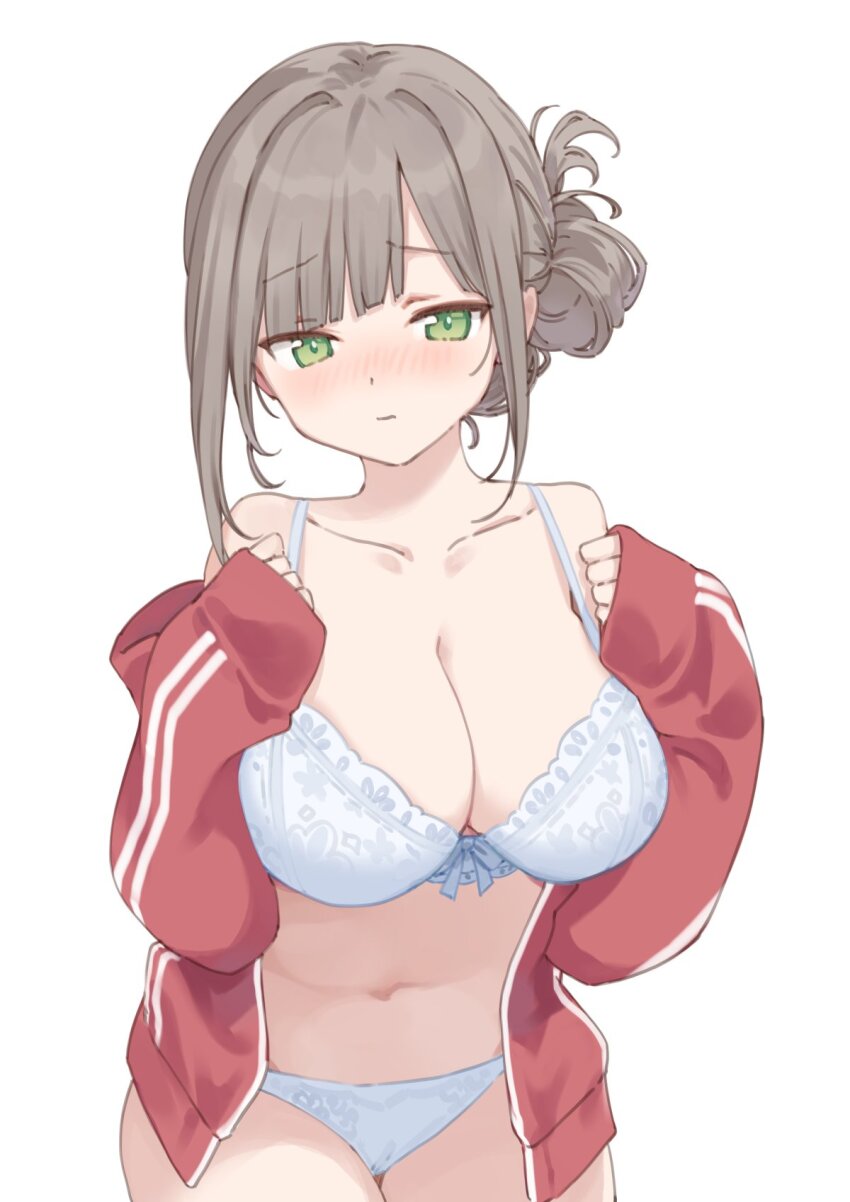 1girl bare_shoulders bra breasts brown_hair cleavage closed_mouth collarbone cowboy_shot green_eyes hair_bun hands_up highres jacket large_breasts long_hair long_sleeves looking_at_viewer maigoyaki navel open_clothes open_jacket original panties red_jacket simple_background solo stomach strap_gap track_jacket underwear white_background white_bra white_panties