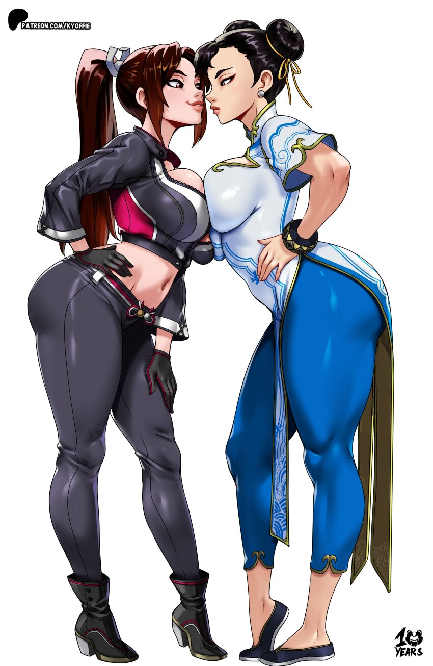 2girls absurdres akiman_pose bad_tag black_jumpsuit bracelet breast_contest breast_press breasts brown_eyes brown_hair capcom china_dress chinese_clothes chun-li confrontation crossover double_bun dress earrings eye_contact face-to-face faceoff fatal_fury fatal_fury:_city_of_the_wolves hair_bun highres jewelry jumpsuit kyoffie large_breasts long_hair looking_at_another motoyui multiple_girls noses_touching pearl_earrings ponytail rivalry shiranui_mai street_fighter street_fighter_6 symmetrical_docking