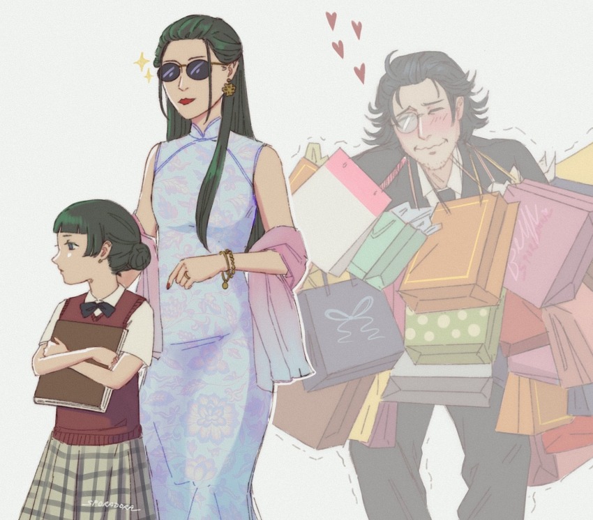 2girls artist_name bag beard_stubble black_bow black_bowtie black_hair blue_dress blush bow bowtie bracelet commentary contemporary dress earrings english_commentary facial_hair family fengxian_(kusuriya_no_hitorigoto) green_eyes green_hair hair_bun heart highres jewelry kusuriya_no_hitorigoto lakan_(kusuriya_no_hitorigoto) lipstick long_hair makeup maomao_(kusuriya_no_hitorigoto) monocle multiple_girls plaid_clothes plaid_skirt red_nails red_sweater_vest ring shopping_bag short_sleeves skirt sleeveless sleeveless_dress sparkle sporadora stubble sunglasses sweater_vest white_background