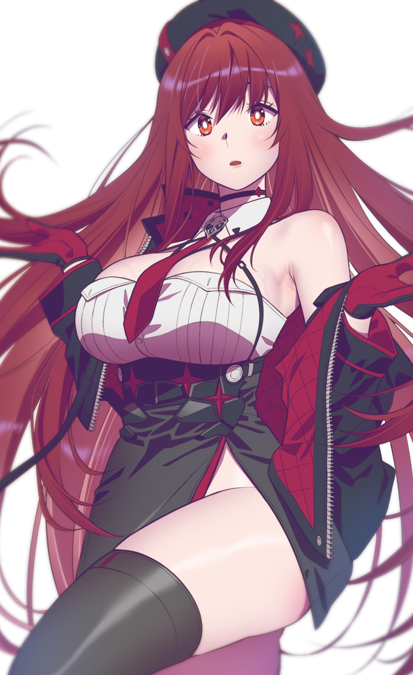 1girl andrian_januar_adilia beret black_hat breasts goddess_of_victory:_nikke hat highres large_breasts long_hair necktie official_alternate_design official_alternate_hair_color rapi_(nikke) rapi_(red_hood)_(nikke) red_eyes red_hair red_necktie red_star solo star_(symbol) thighhighs thighs