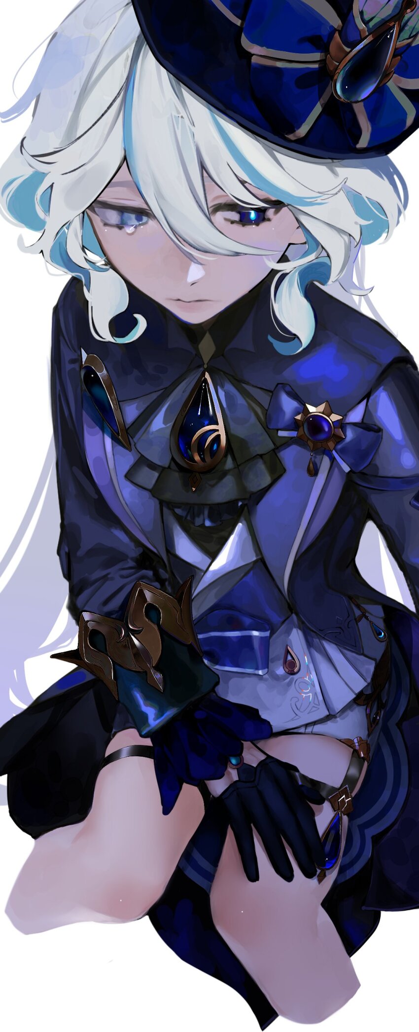 1girl absurdres ascot black_ascot black_gloves blue_ascot blue_brooch blue_hair blue_hat blue_jacket closed_mouth coattails commentary_request cropped_legs drop-shaped_pupils from_above furina_(genshin_impact) genshin_impact gloves hair_between_eyes hat highres invisible_chair jacket kakao_(hidden_pile) long_hair looking_to_the_side mismatched_pupils multicolored_hair ouji_fashion simple_background sitting solo streaked_hair symbol-shaped_pupils tearing_up top_hat wavy_hair white_background white_hair