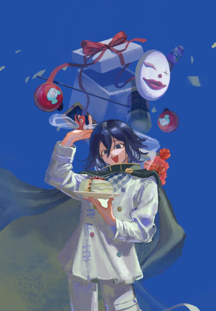 1boy birthday birthday_cake black_cape blue_background bouquet box buttons cake cape checkered_clothes checkered_scarf clown_mask commentary danganronpa_(series) danganronpa_v3:_killing_harmony explosive fanta flipped_hair flower foca_(sello20582612) food gift gift_box grenade hair_between_eyes hammer hand_up happy highres holding holding_bouquet holding_cake holding_food long_sleeves male_focus mask oma_kokichi open_mouth pants red_flower red_rose rose scarf short_hair simple_background solo standing thigh_strap upper_body
