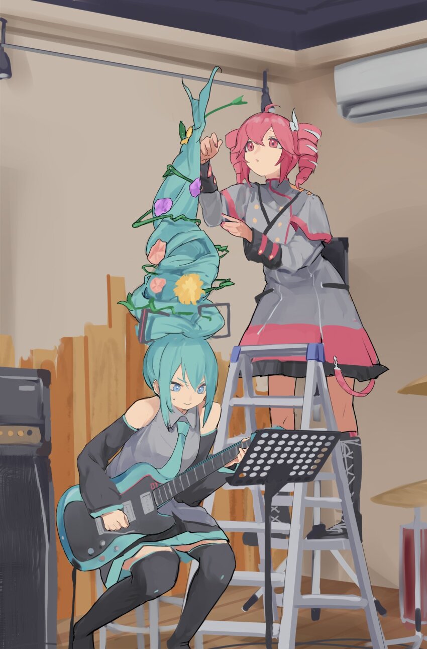 2girls :o absurdly_long_hair ahoge alternate_hairstyle bare_shoulders belt black_belt black_boots black_skirt black_sleeves black_thighhighs blue_necktie boots bow buttons collared_shirt detached_sleeves double-breasted electric_guitar esp_stream-miku-custom feet_out_of_frame flat_chest flower full_body grey_jacket grey_shirt grey_skirt guitar hair_bow hair_flower hair_ornament hair_ribbon hatsune_miku highres indoors instrument jacket kasane_teto kasane_teto_(sv) kneehighs lace-up_boots ladder layered_skirt layered_sleeves legs_folded long_hair long_sleeves looking_at_object miniskirt multiple_girls music necktie on_ladder paper playing_guitar playing_instrument pocche-ex red_skirt red_socks red_trim ribbon shirt shoulder_belt shoulder_boards skirt socks standing sweatdrop synthesizer_v thighhighs utau very_long_hair vocaloid white_ribbon wing_collar