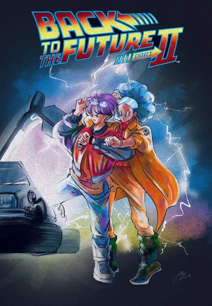 1boy 1girl back_to_the_future back_to_the_future_part_ii bulma cosplay delorean dragonball_z emmett_brown_(cosplay) highres marty_mcfly_(cosplay) mother_and_son purple_hair sunglasses trunks_(dragon_ball) trunks_(future)_(dragon_ball)