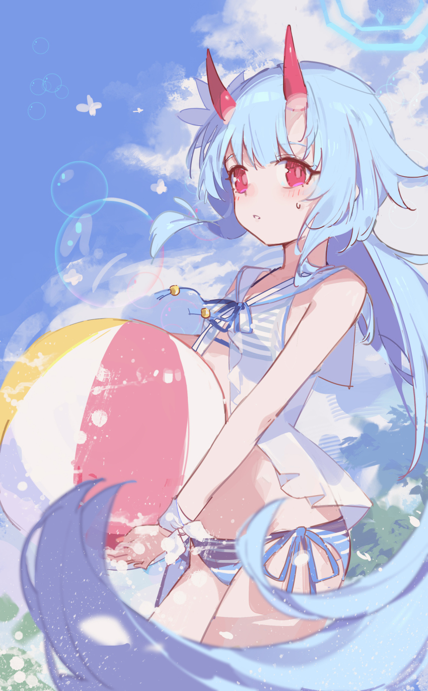 1girl absurdres ball bare_shoulders beachball bikini bilibalakonglijiwa blue_archive blue_bikini blue_hair blue_halo blue_sky blush bubble chise_(blue_archive) chise_(swimsuit)_(blue_archive) cloud cloudy_sky commentary_request demon_horns halo highres holding holding_ball holding_beachball horns loli long_hair looking_at_viewer official_alternate_costume red_eyes see-through_clothes side-tie_bikini_bottom skin-covered_horns sky solo standing striped_bikini striped_clothes swimsuit very_long_hair