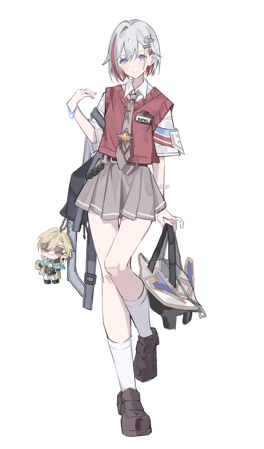 1girl absurdres alternate_costume arrow_hair_ornament aventurine_(honkai:_star_rail) brown_shoes closed_mouth collared_shirt full_body grey_hair highres honkai:_star_rail honkai_(series) kneehighs loafers looking_at_viewer multicolored_hair necktie numby_(honkai:_star_rail) red_hair ren_(renjiyu) school_uniform shirt shoes short_hair short_sleeves simple_background skirt smile socks solo standing standing_on_one_leg streaked_hair topaz_(honkai:_star_rail) trotter_(honkai:_star_rail) white_background white_socks