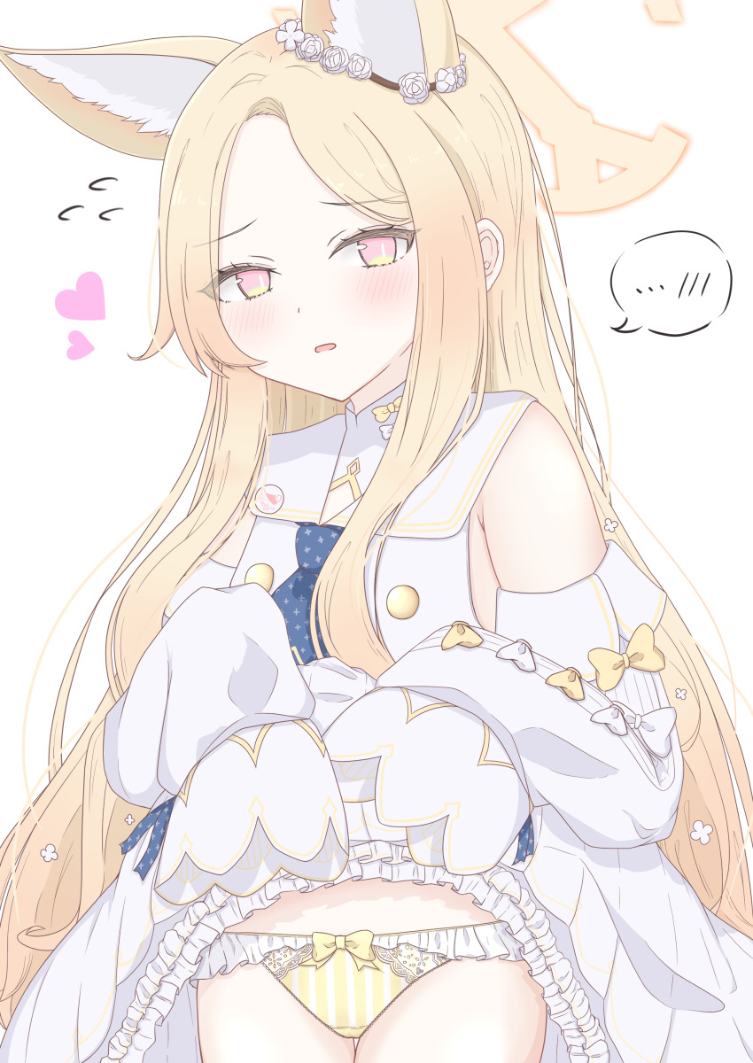 ... 1girl absurdres animal_ear_fluff animal_ears bare_shoulders blonde_hair blue_archive blush bow bow_panties bright_pupils clothes_lift commentary_request cowboy_shot detached_sleeves dress dress_lift extra_ears eyelashes flying_sweatdrops forehead fox_ears fox_girl frilled_panties frills furrowed_brow halo heart highres lifting_own_clothes long_hair looking_at_viewer mochiusa_cocoa multicolored_eyes open_mouth panties parted_bangs pink_eyes seia_(blue_archive) simple_background sleeve_bow sleeveless sleeveless_dress sleeves_past_fingers sleeves_past_wrists slit_pupils solo speech_bubble spoken_blush spoken_ellipsis two-tone_eyes underwear very_long_hair white_background white_bow white_dress white_pupils wide_sleeves yellow_bow yellow_eyes yellow_halo yellow_panties